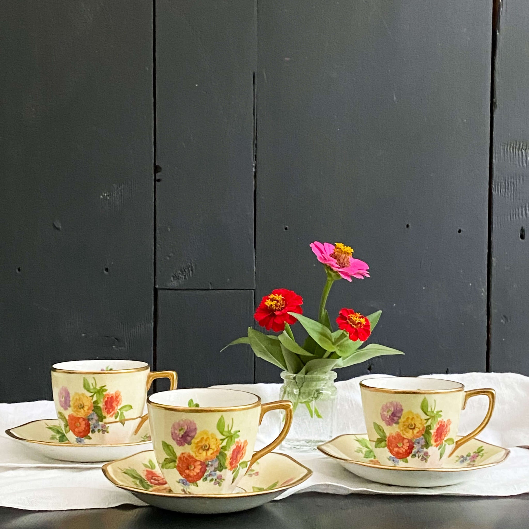 Rare Johnson Bros Floral Demitasse Cups & Saucers with Zinnia Flowers -  Set of Three