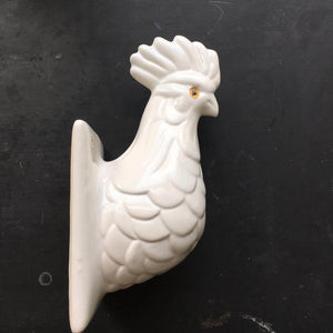 Vintage Ceramic Rooster Wall Hook - White Farmhouse Style Kitchen Decor