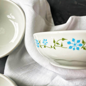 Vintage 1960s Restaurant Ware Bowls by Shenango - Aqua and Green Floral Pattern  Rim Rol Wel Roc circa 1966
