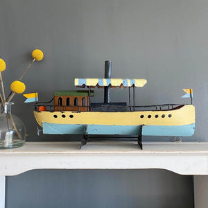 Vintage 1950s Tin Boat Model - African Queen - Nautical Midcentury Decor