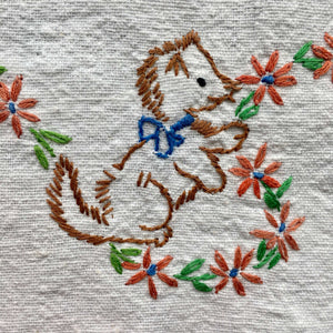 Vintage Embroidered Table Runner with Kitten Cat Designs and Lace Edge