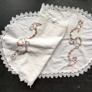 Vintage Embroidered Table Runner with Kitten Cat Designs and Lace Edge