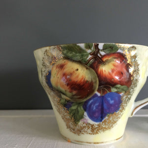Vintage 1940's Royal Halsey Porcelain Teacups - Apple and Plum Fruits - Set of Two Yellow Gold
