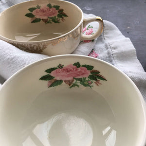 Vintage Gold Filigree Tea Cups with Interior Pink Roses - Set of Four - American Rose Pattern by Paden City Pottery