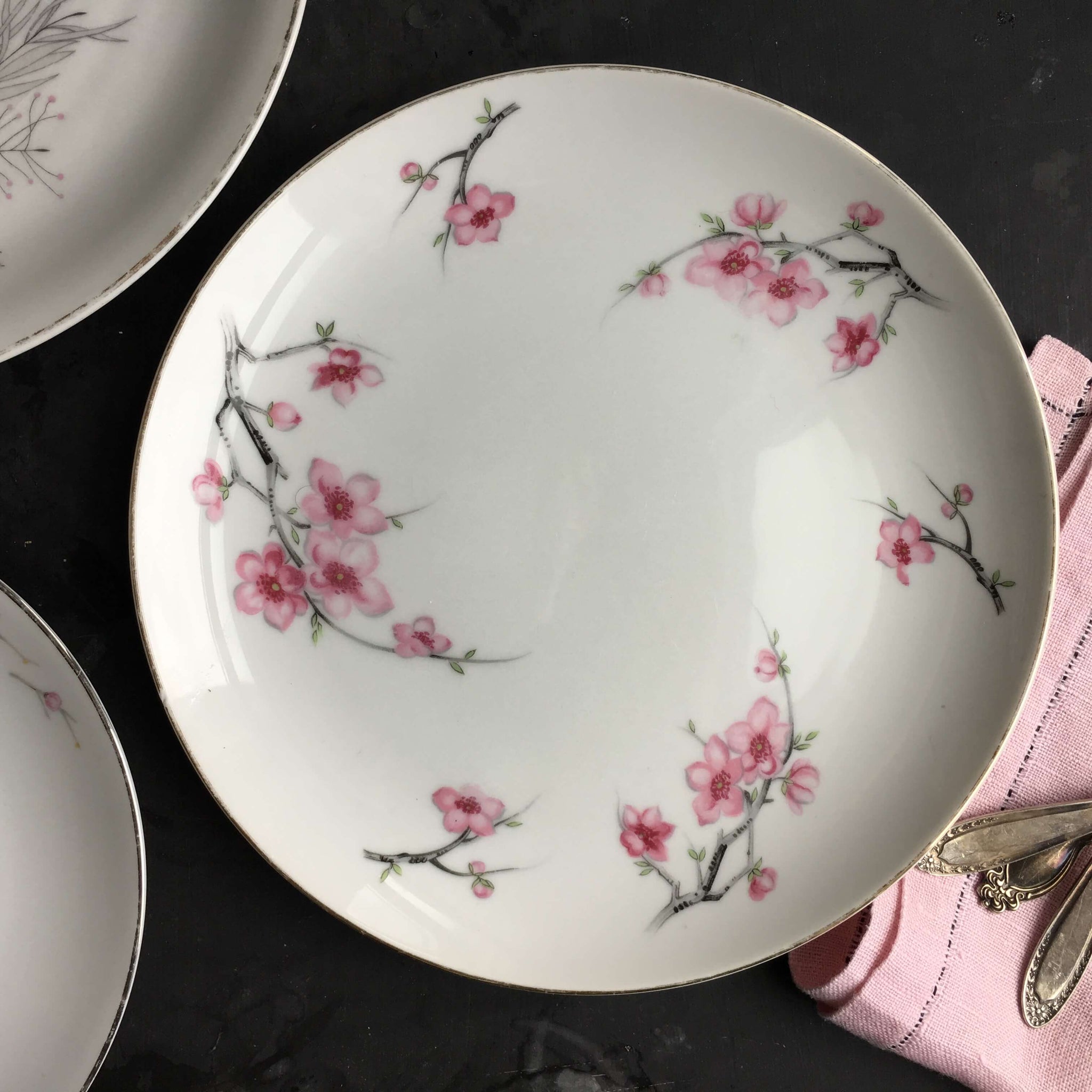 The Cherry Blossom Collection - Vintage Mix and Match Grey and Pink Floral Plates - Set of Three