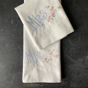 Vintage Mr & Mrs Embroidered Pillowcases - Pair of 2