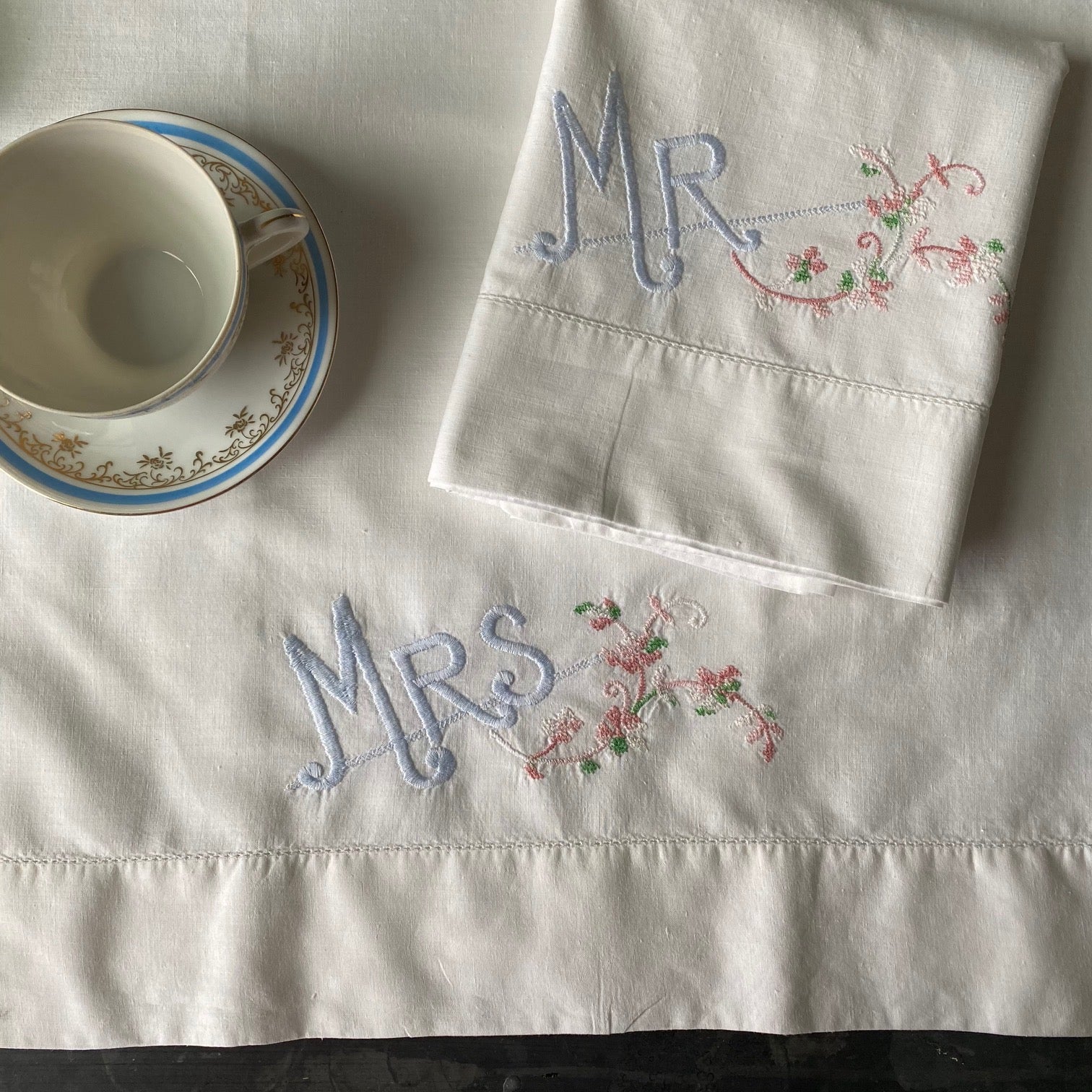Vintage Mr & Mrs Embroidered Pillowcases - Pair of 2