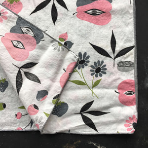 Set of Four Vintage Midcentury Cotton Napkins - Pink Pears, Grey Strawberries and Black Florals