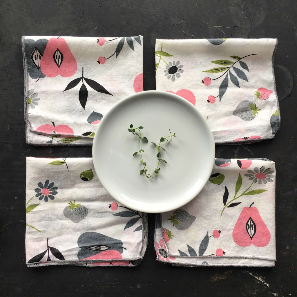 Set of Four Vintage Midcentury Cotton Napkins - Pink Pears, Grey Strawberries and Black Florals