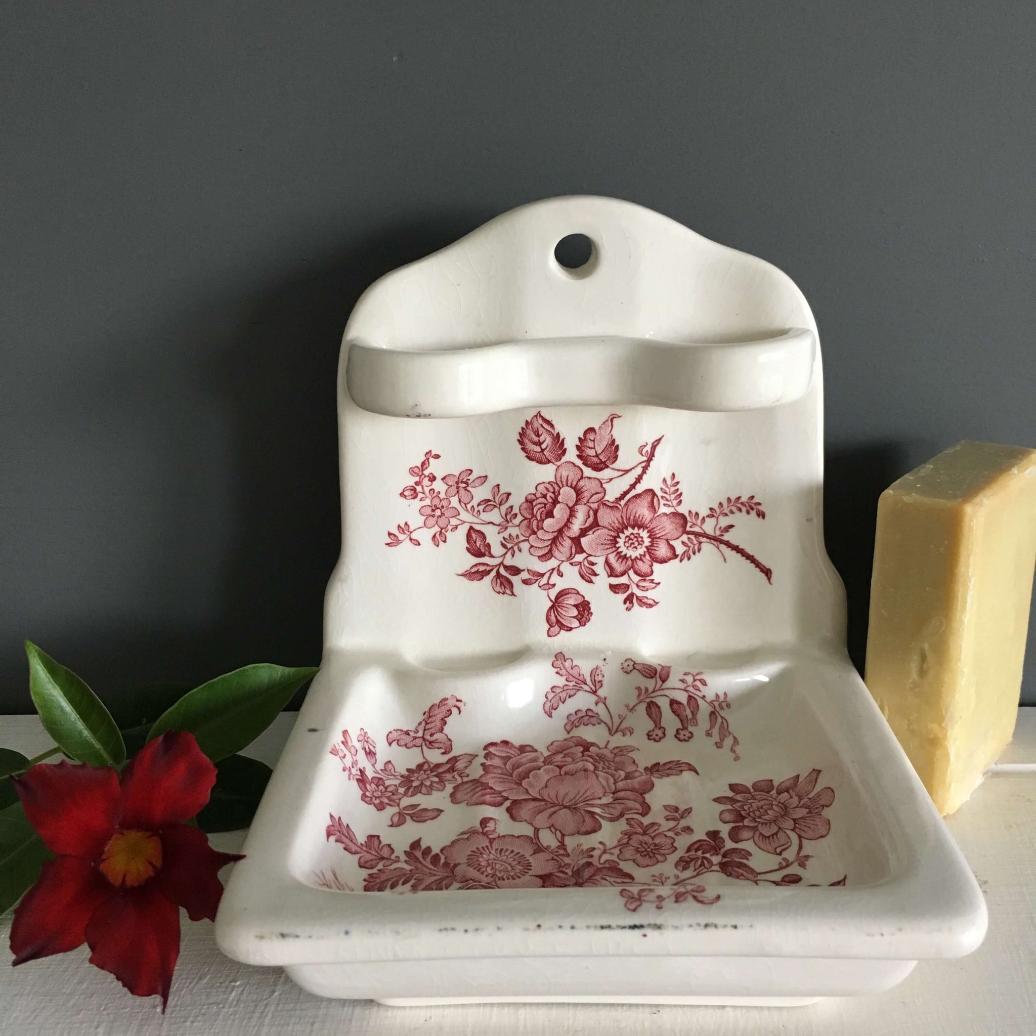Vintage Charlotte Royal Crownford Soap Dish Wall Holder - Staffordshire England - Red Floral Transferware