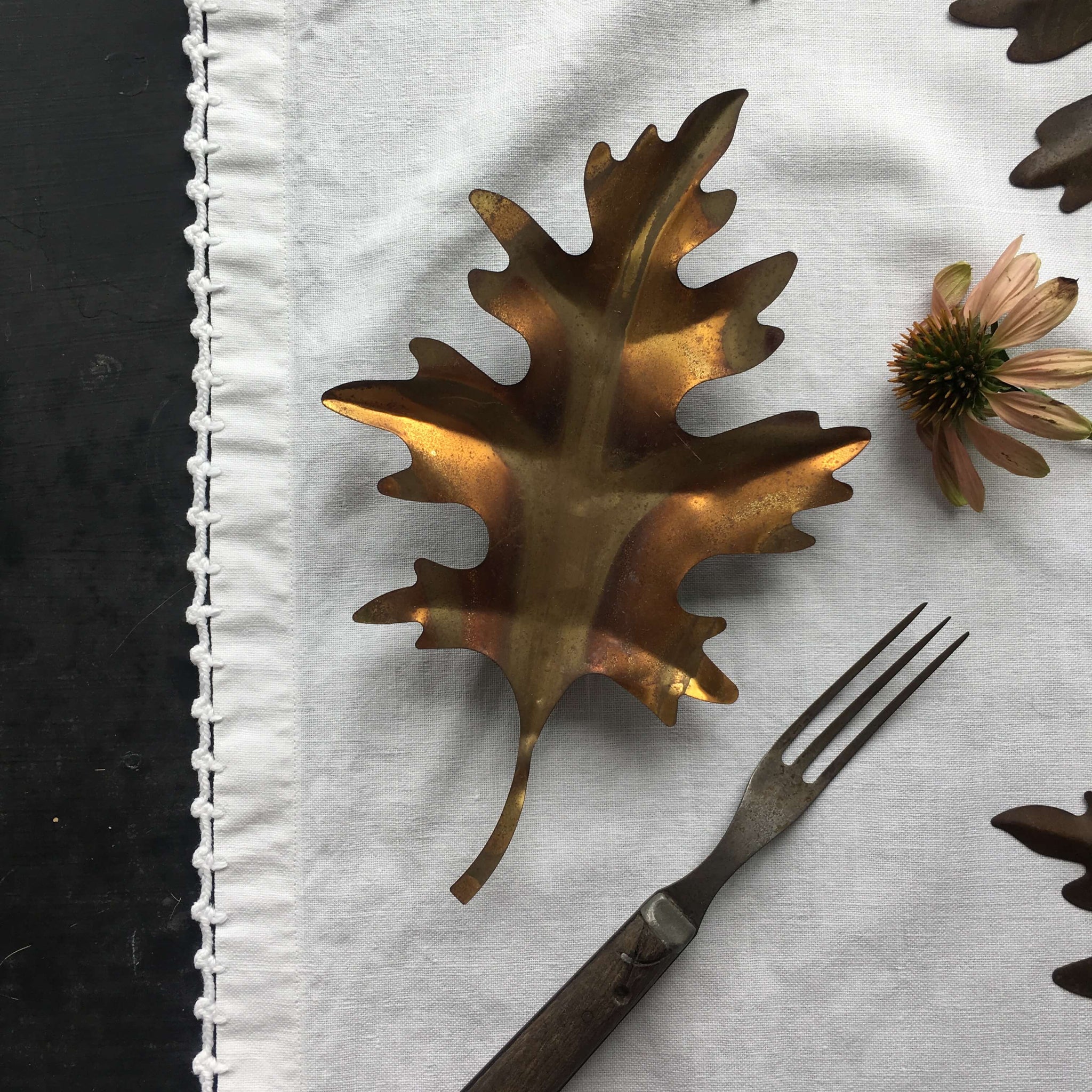 Vintage Metal Oak Leaves - Set of 4 Tapletop or Wall Mounted Autumn Decor {Reserved for Erin}