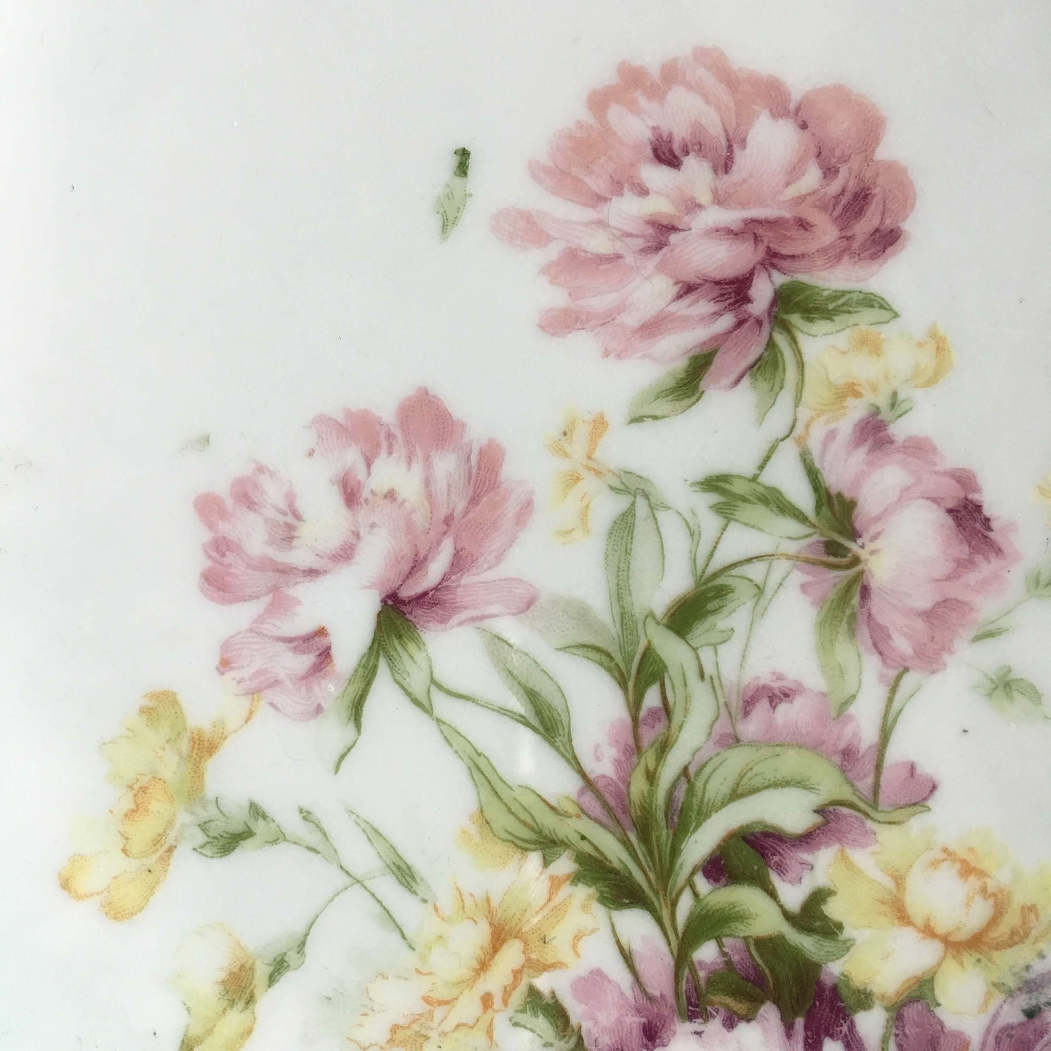 Antique German Porcelain Bowl - Pink Peonies - Teal Handpainted Florals Embossed Edges circa 1920's -1930s