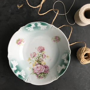 Antique German Porcelain Bowl - Pink Peonies - Teal Handpainted Florals Embossed Edges circa 1920's -1930s