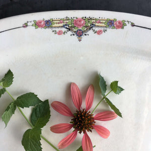 1930's Crooksville China Company Platter - Pink Roses, Black Stripes, Yellow Banner - 11"