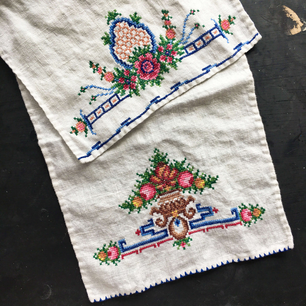 Vintage Cross Stitch Embroidery Kitchen Towels - Set of Two - Colorful Florals