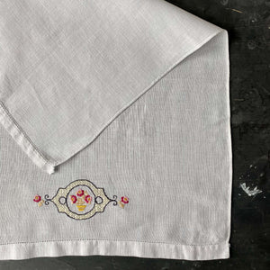 Vintage Embroidered Bar Linen Towel - Pink Rose in Flower Pot with Black Stitching