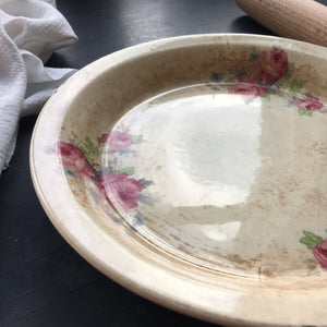 Vintage 1930s Ceramic Pie Dish - Pink Floral - Weathered, Aged and Well Loved