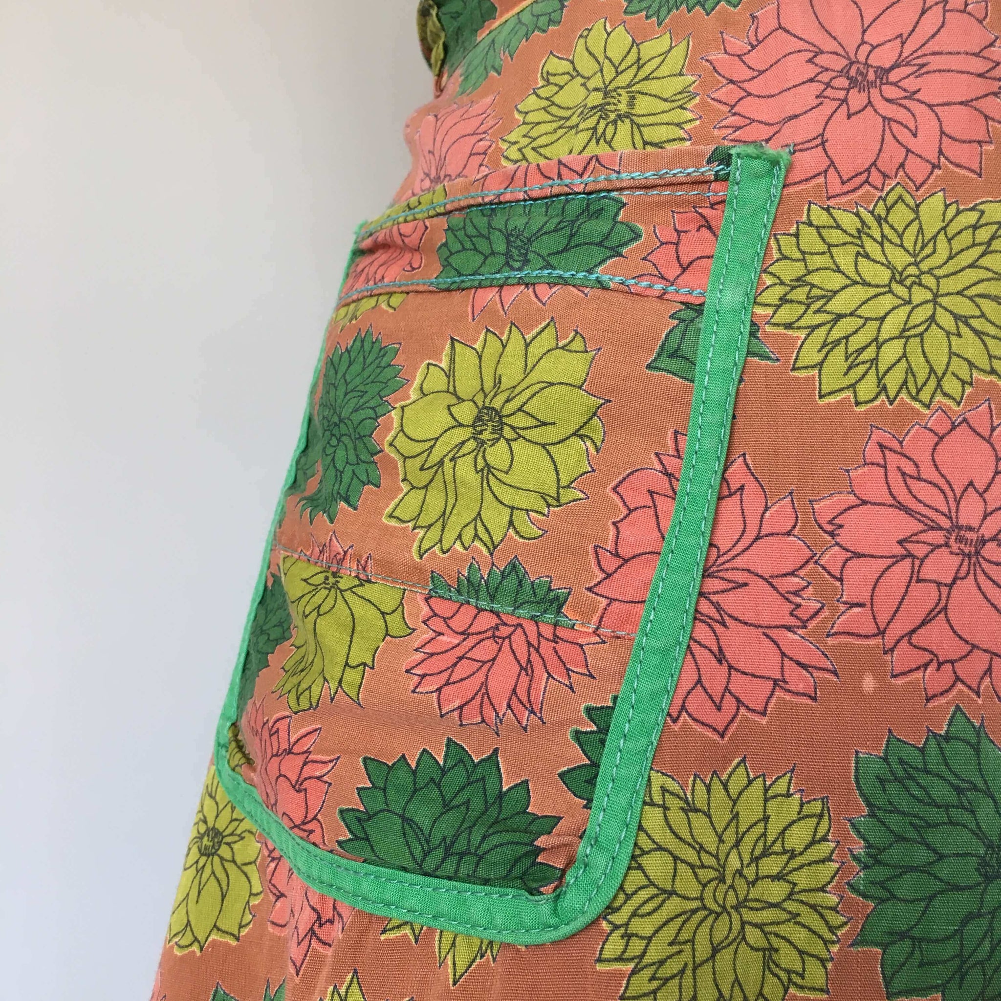 Vintage Brown and Green Floral Half Apron - Dahlia Flower Succulent Style Pattern