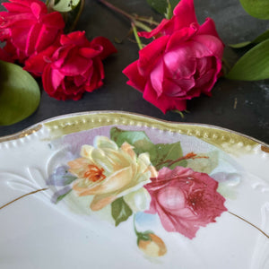 Antique Porcelain Bowl with Pink and Peach Roses and Embossed Detailing