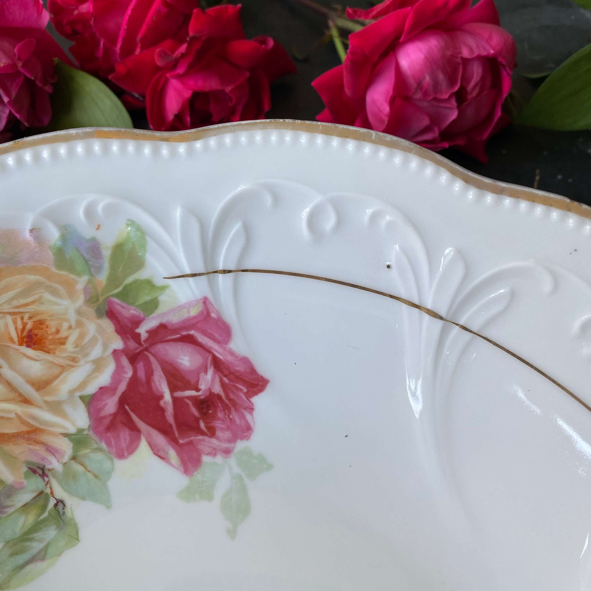 Antique Porcelain Bowl with Pink and Peach Roses and Embossed Detailing