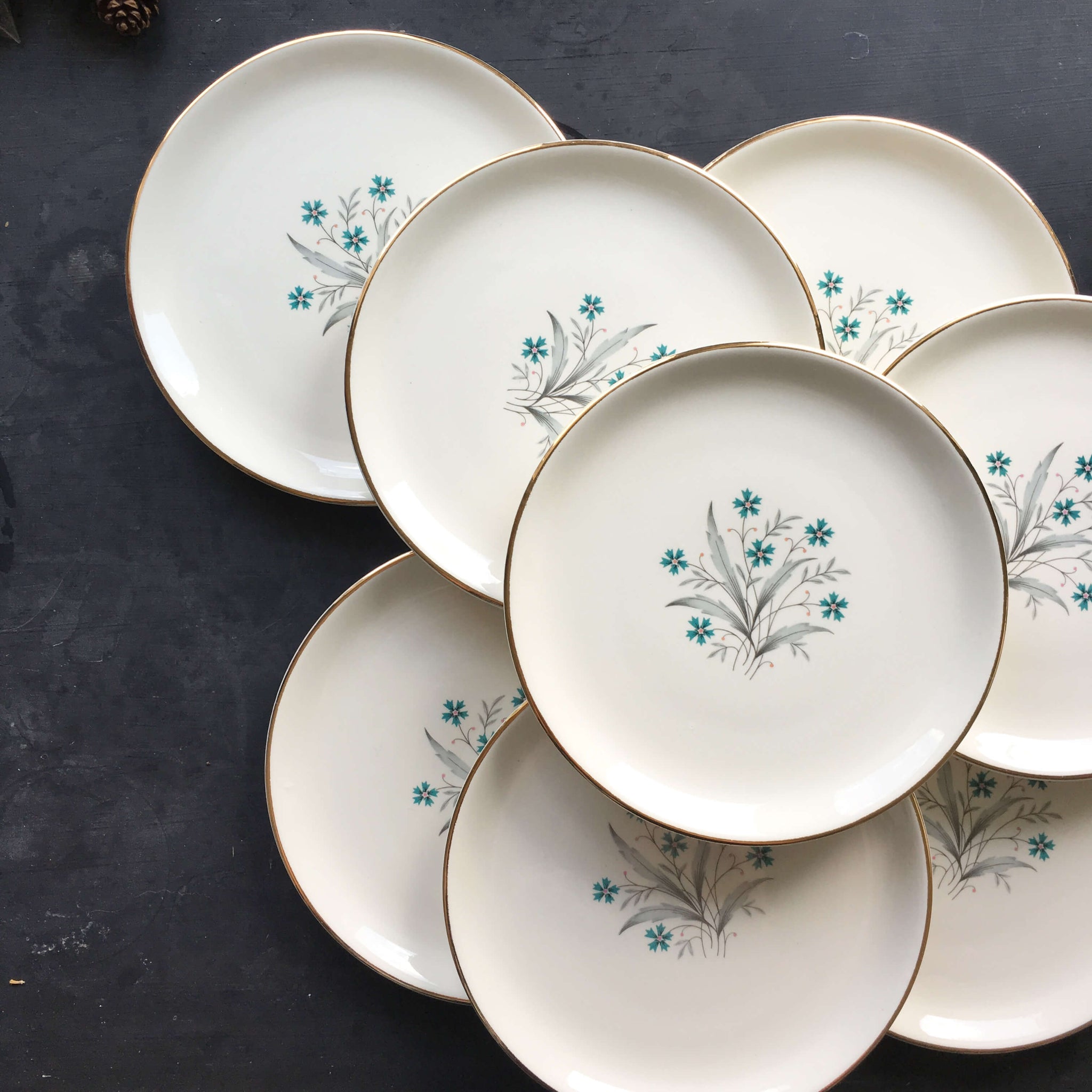 Vintage Teal Cornflower Salad Plates Set of Eight Grey Leaves