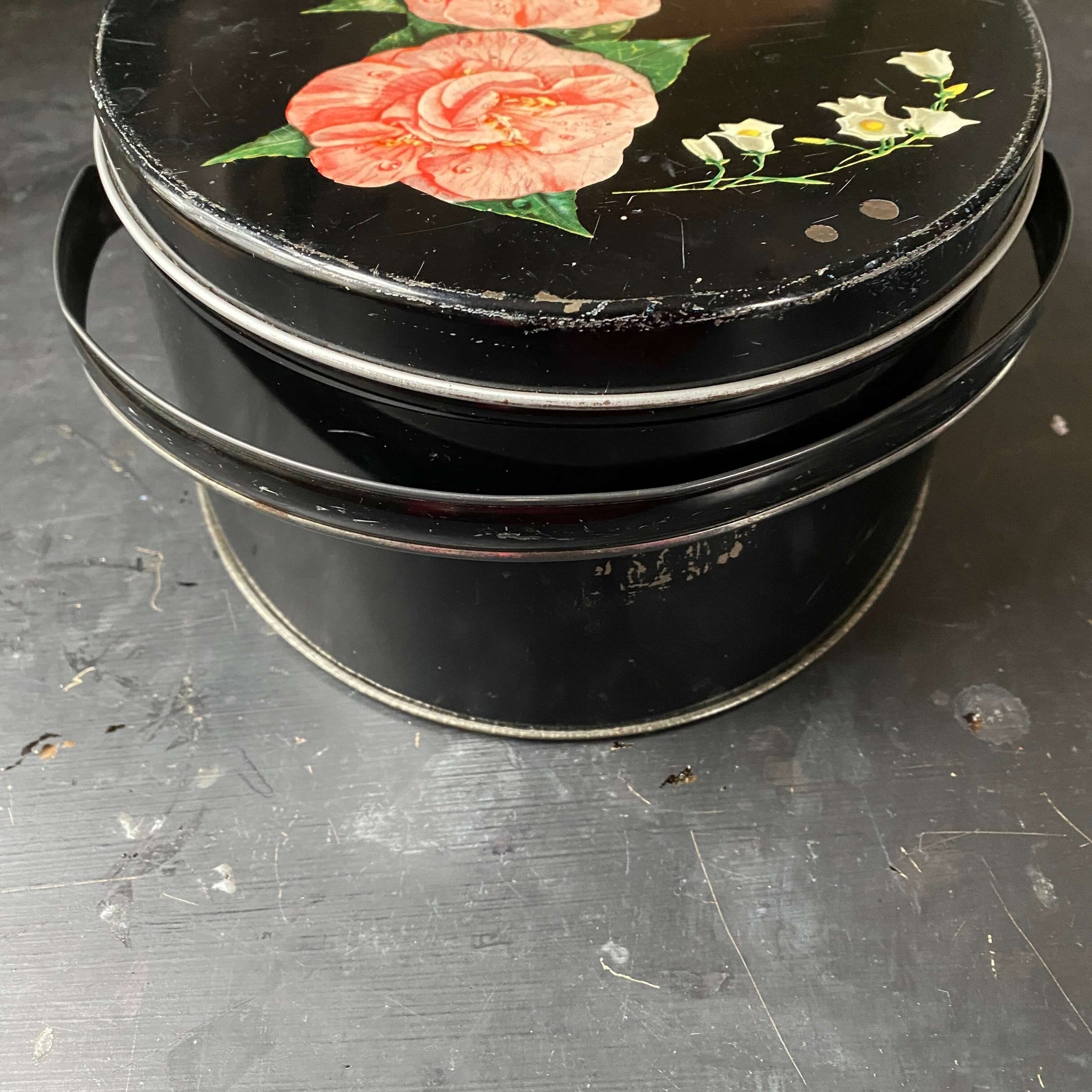 Vintage 1950s Biscuit Tin with Handles Pink Camellia Flowers and Lilies of the Valley