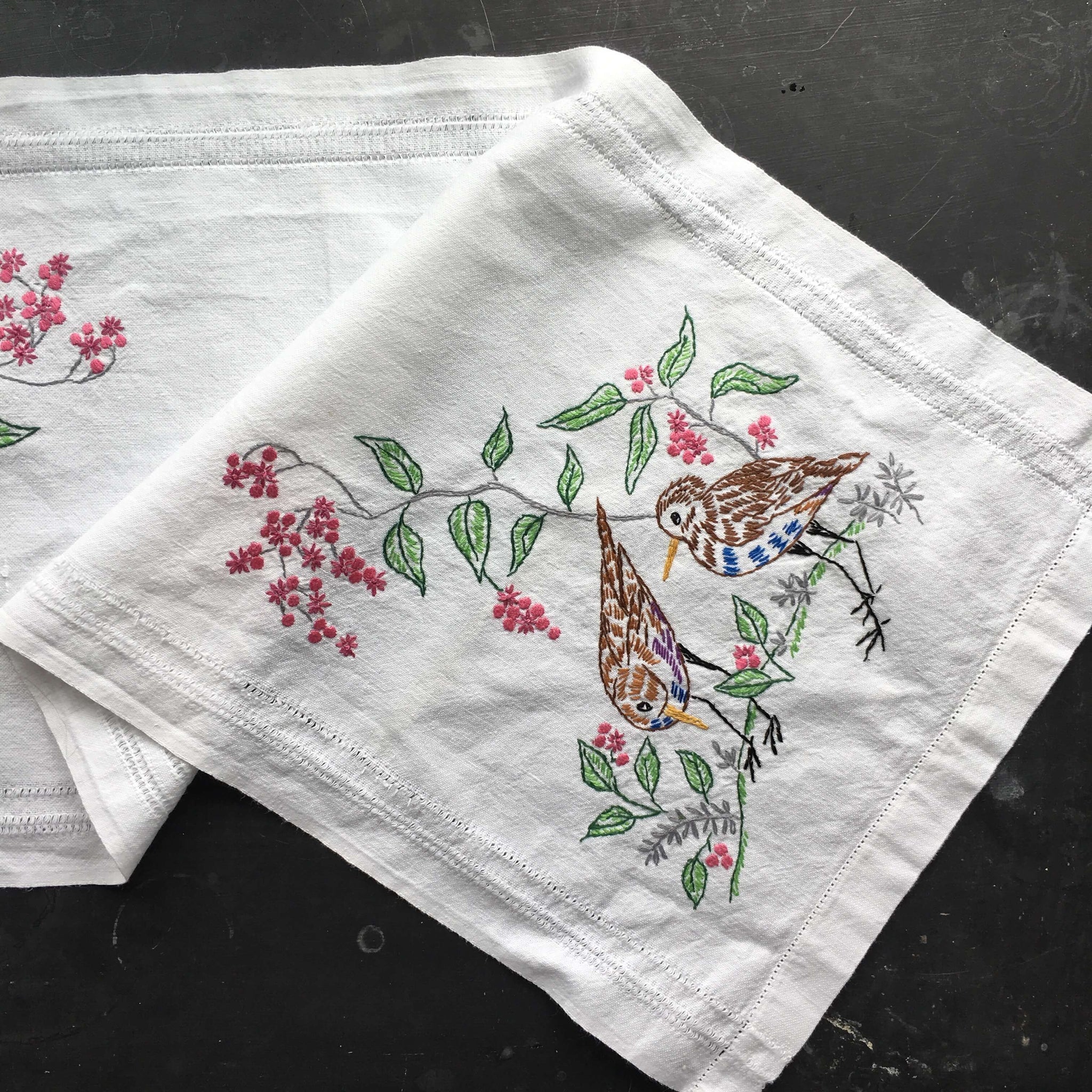 Vintage Embroidered Table Runner - Birds and Flowers - 14x37