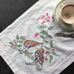 Vintage Embroidered Table Runner - Birds and Flowers - 14x37