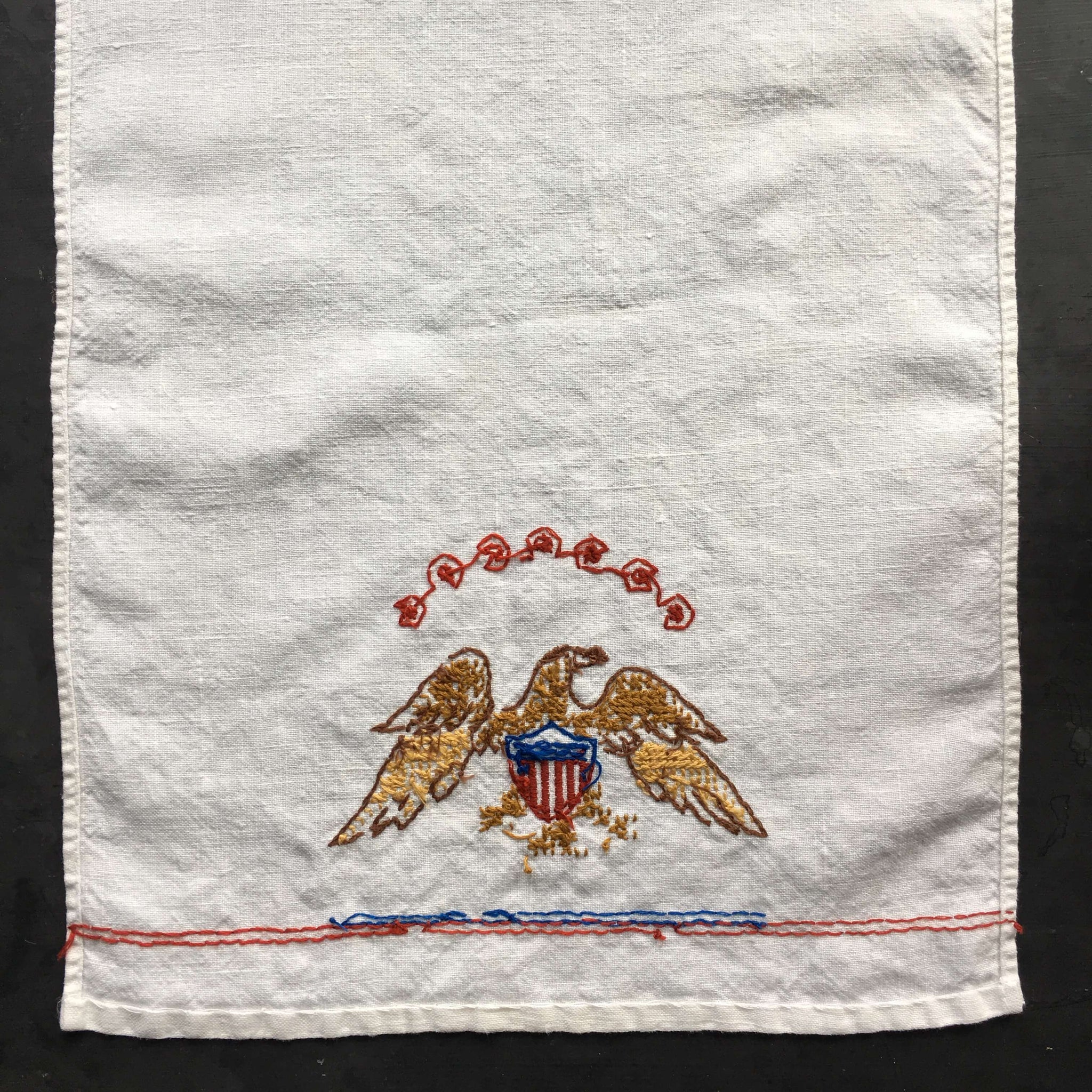Vintage 1950's Eagle Embroidered Bar Towel  - Red, Gold and Blue Americana - Bar Cart Style