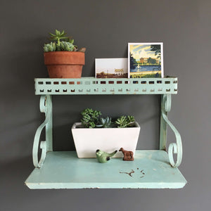 Vintage Two-Tiered Metal Shelf circa 1950s Midcentury Mint Green