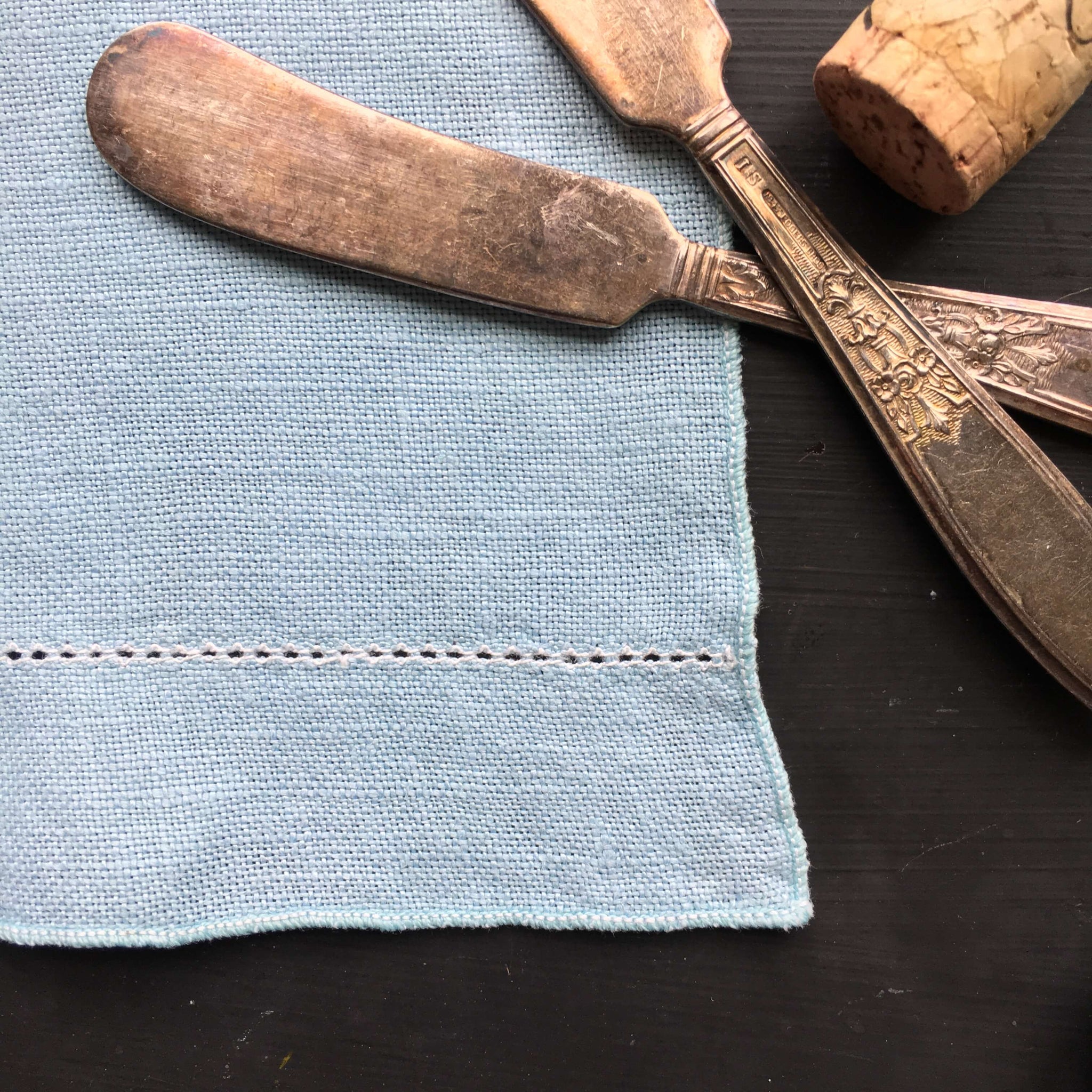 1950s blue linen cloth with hemstitching