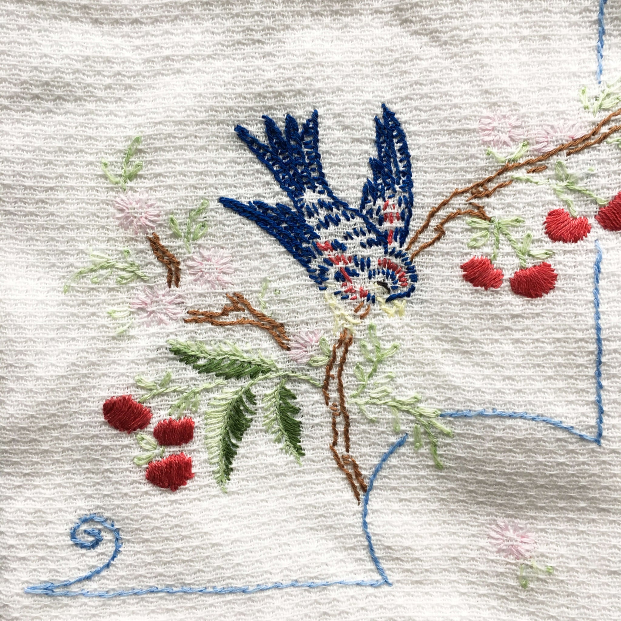 Vintage Blue Bird Tea Towel - Embroidered Apple Tree and Bird Design - Dish Towel Kitchen Linens