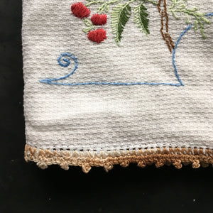 Vintage Blue Bird Tea Towel - Embroidered Apple Tree and Bird Design - Dish Towel Kitchen Linens