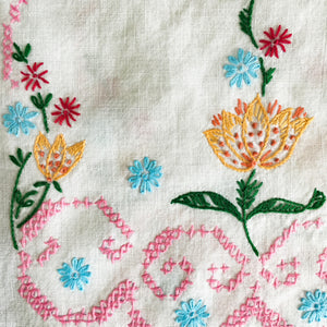 Vintage Embroidered Linen Table Runner - 35x11 - Colorful Handstitched Kitchen Cloths and Linens