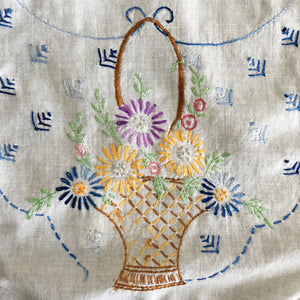 Vintage Embroidered Floral Table Scarf - Colorful Handstitched Kitchen Cloth 37x11 - Needs Repair