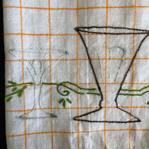 Vintage Embroidered Bar Cart Tea Towel  - Happy Hour Glassware - Vintage Barware Accessories
