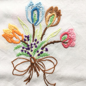 Vintage Embroidered Wool Table Runner - Colorful Tulip Bouquets with Scalloped Crocheted Edge