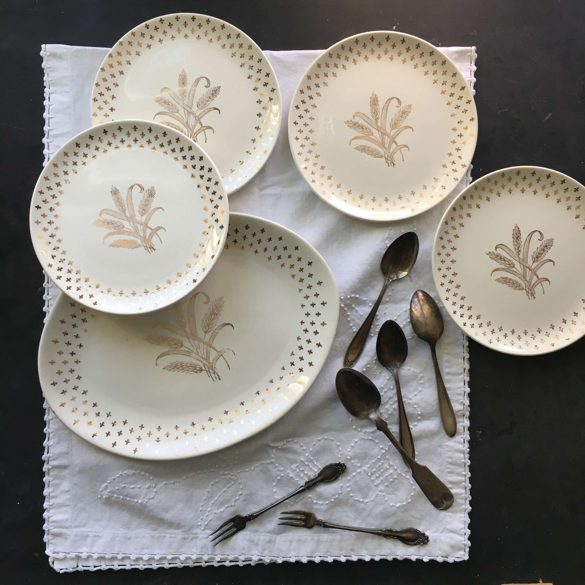 Vintage Wheat and Fleur De Lis Serving Set -  Platter and Four Small Plates  - RESERVED FOR MONICA