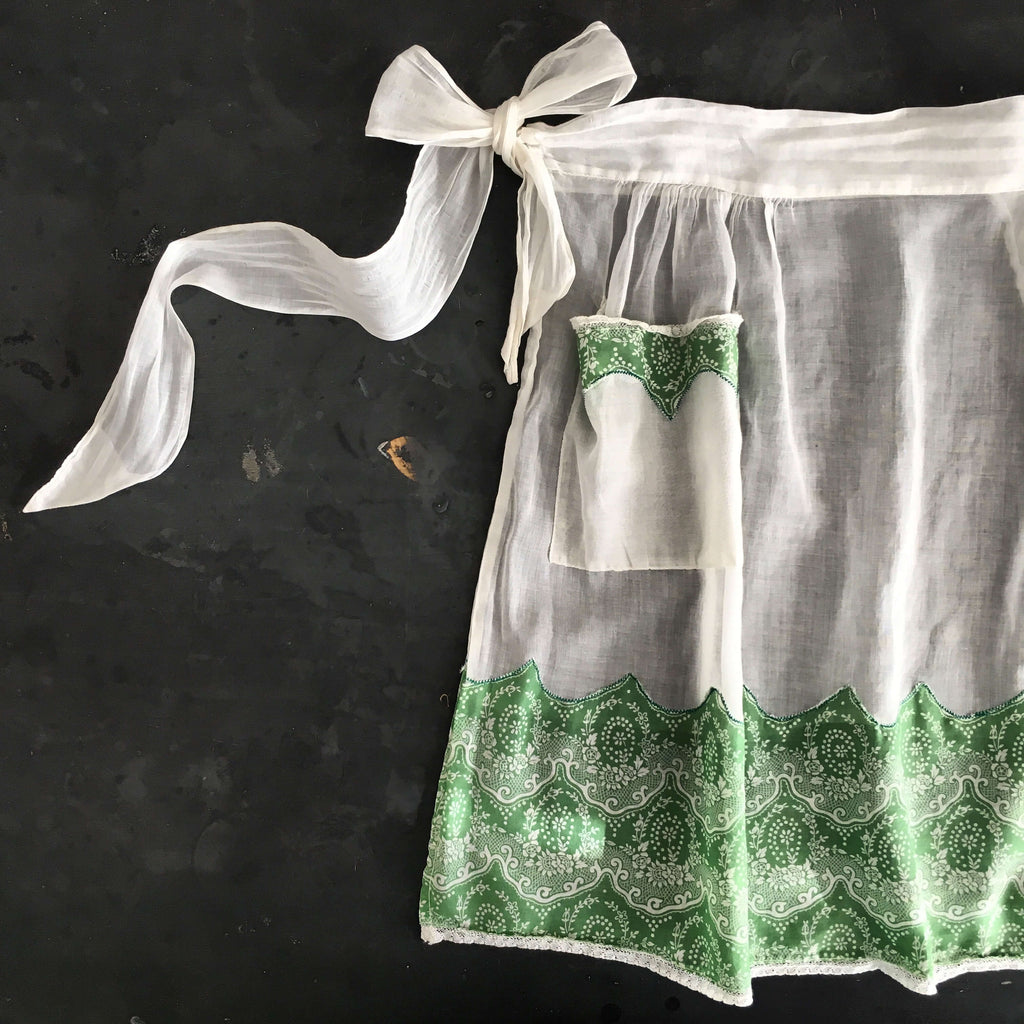 Vintage Green and White Half Apron - Sheer Cotton Handmade
