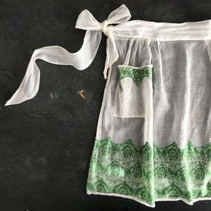 Vintage Green and White Half Apron - Sheer Cotton Handmade