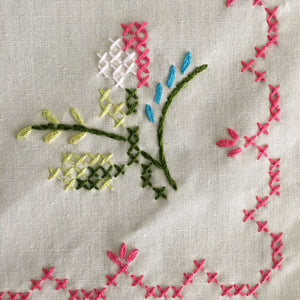 Vintage Cross Stitch Embroidery Dinner Napkins - Set of Four - 15" Floral Corner Edge