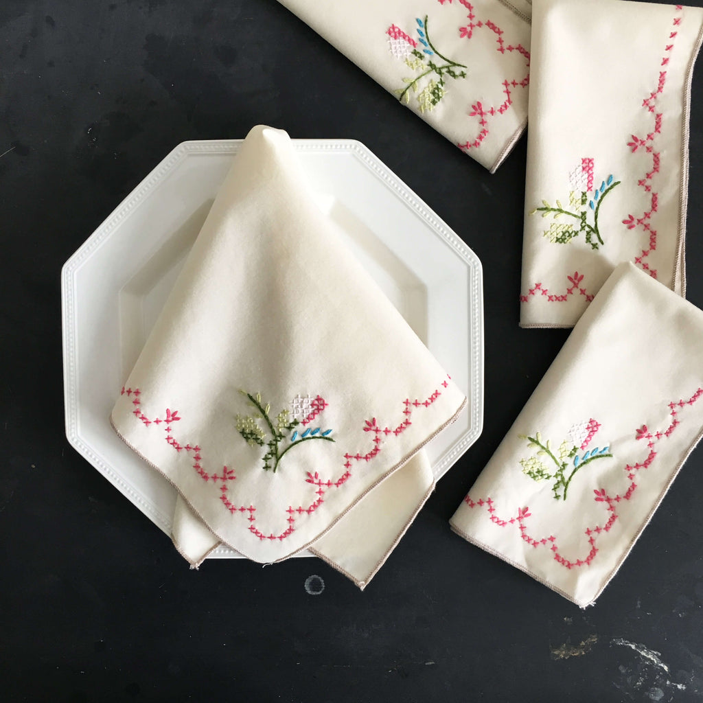 Vintage Cross Stitch Embroidery Dinner Napkins - Set of Four - 15" Floral Corner Edge