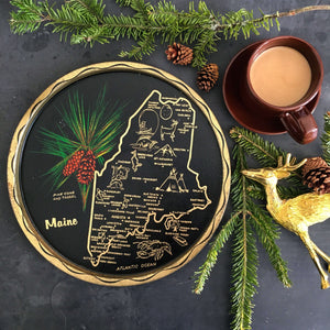 Vintage 1960's  Tin Tray - State of Maine  Travel Souvenir - Black and Gold Travel Collectibles