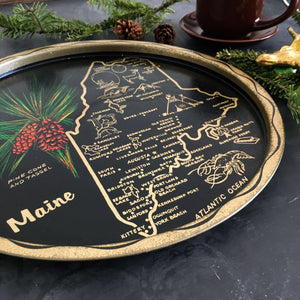 Vintage 1960's  Tin Tray - State of Maine  Travel Souvenir - Black and Gold Travel Collectibles