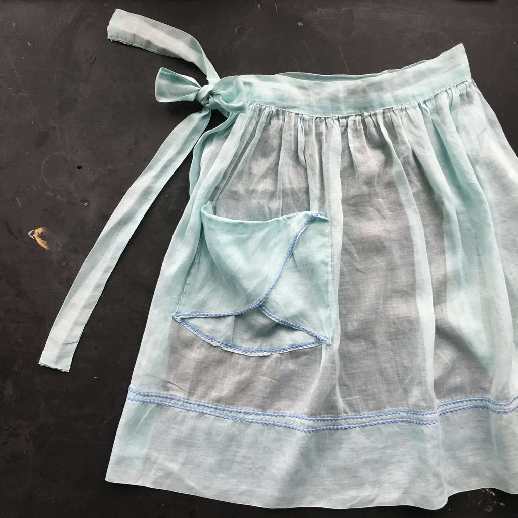 Vintage Mint Green Half Apron with Blue Ric Rac Details and Pintucks - Handmade