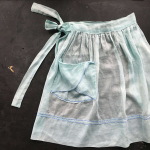 Vintage Mint Green Half Apron with Blue Ric Rac Details and Pintucks - Handmade