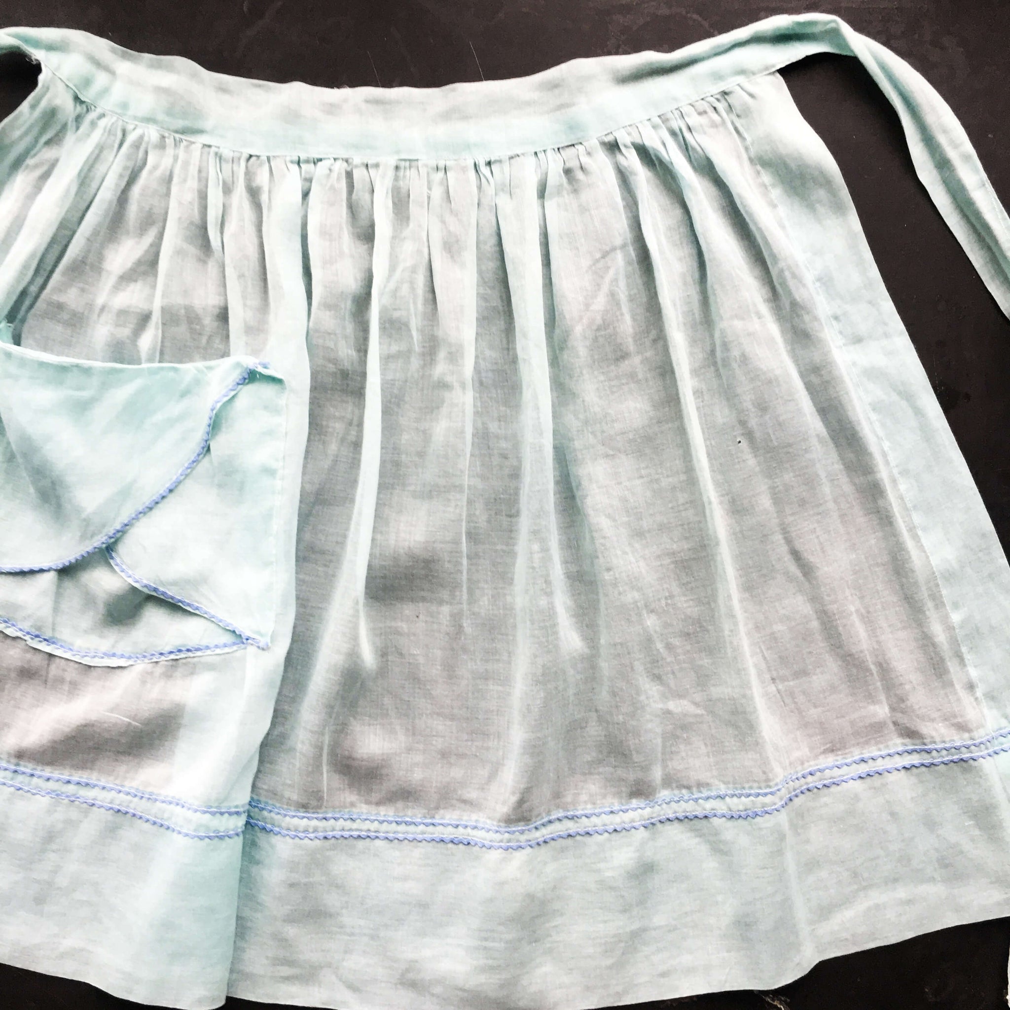 Vintage Mint Green Half Apron with Blue Ric Rac Details and Pintucks - Handmade