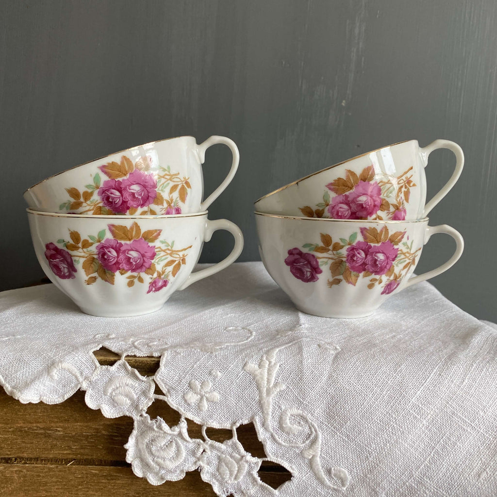 Vintage Pink Rose Porcelain Teacups - Yoko Boeki Set of Four