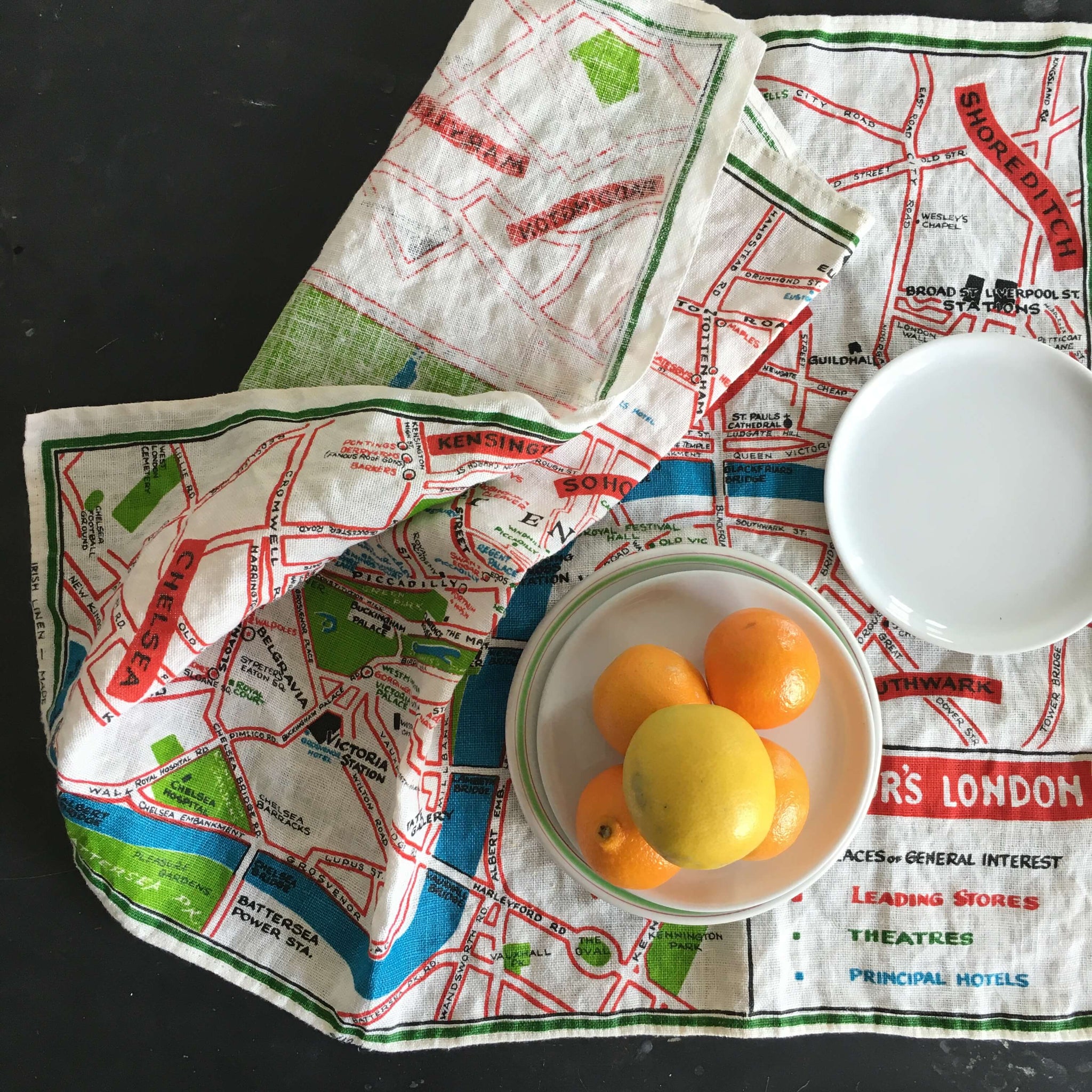 Vintage 1960's London Tea Towel - Map of Visitor's London Travel Souvenir - Irish Linen