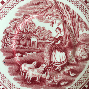 Antique W. Adams Ironstone Bouillon Soup Cup and Saucer - Old English Rural Scenes Circa 1920 - Red Transferware